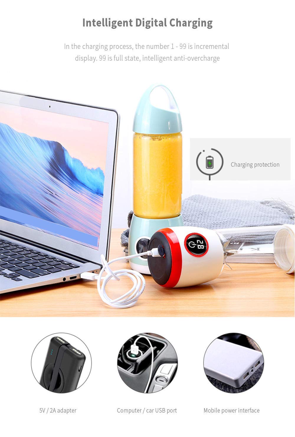 Spremiagrumi Portatile Spremiagrumi Elettrico Tazza Display Digitale USB Ricaricabile Verdure Frutta Succo Maker Bottiglia Succo Estrattore Frullatore Miscelatore Luce Acquamarina