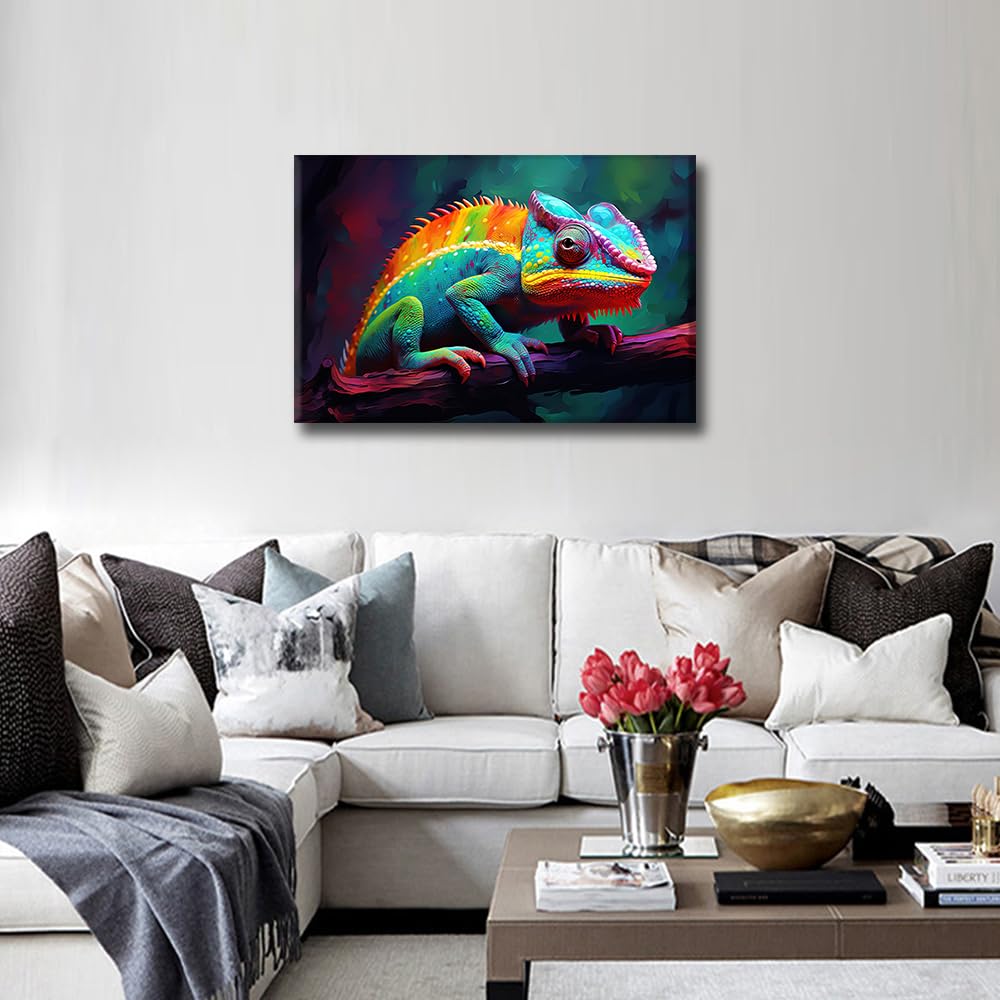 Cameleon Wall Art Animal Oil Painting with Color Splash Canvas Painting Framed for Living Room Bedroom Office Bathroom Home Decor Ready to Hang 24x16 inch - Image 3