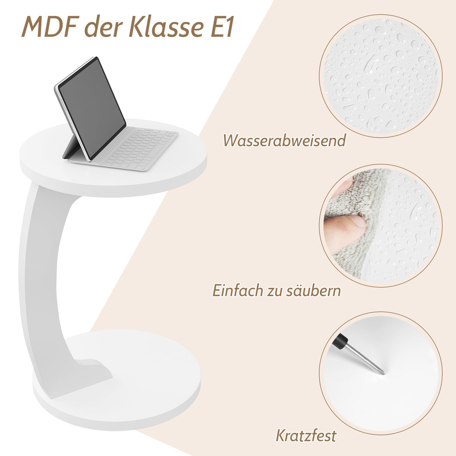 WOLTU Mesa Auxiliar en Forma C, Mesa de Centro Redonda, Mesa Lateral para Sofá o Cama, Mesita Auxiliar para Salón y Dormitorio, MDF, φ38x55 cm, Blanco, BTS20ws