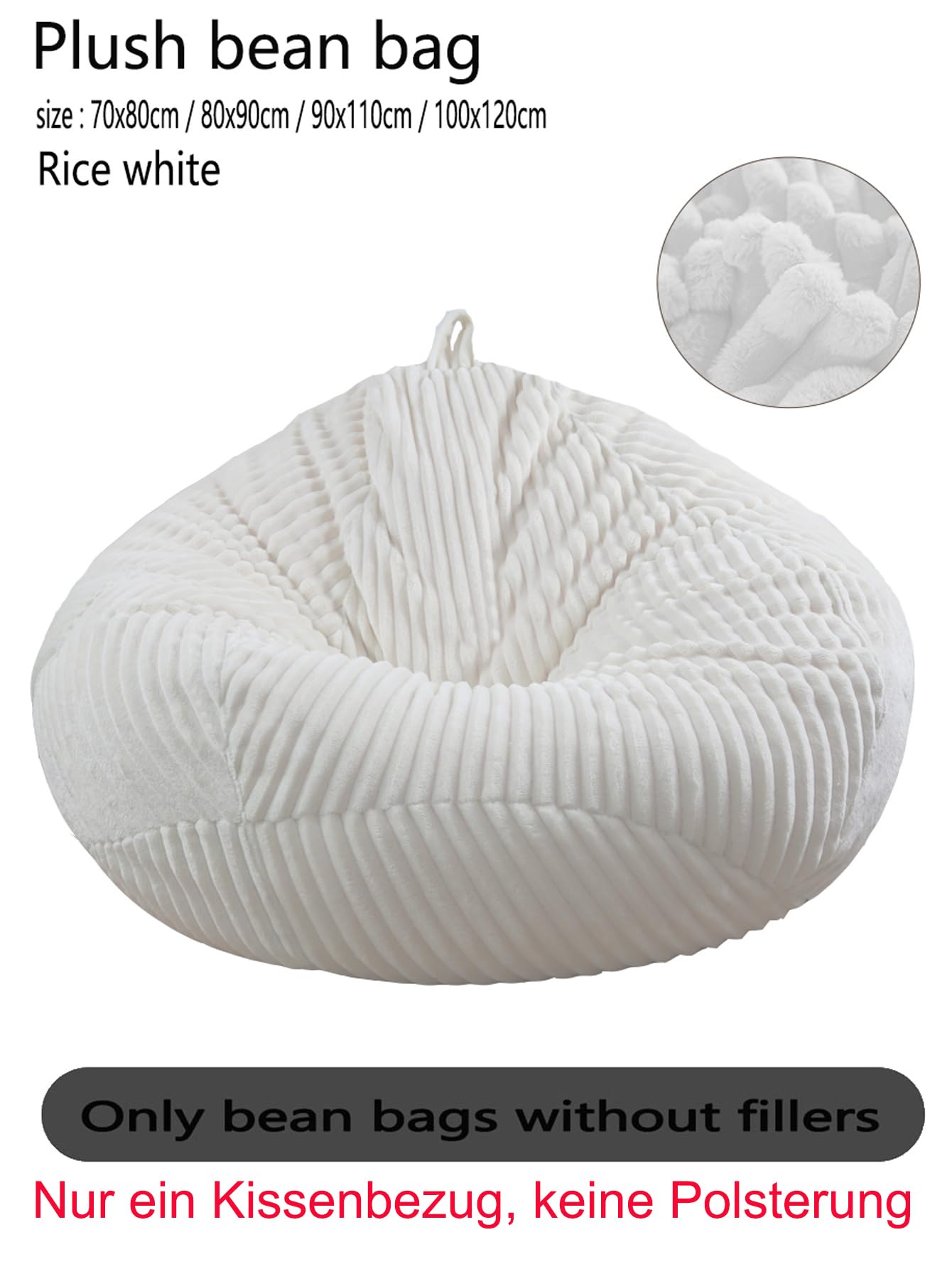Silla puf sin relleno para niños y adultos, solo funda para sofá de peluche, color blanco, talla XL
