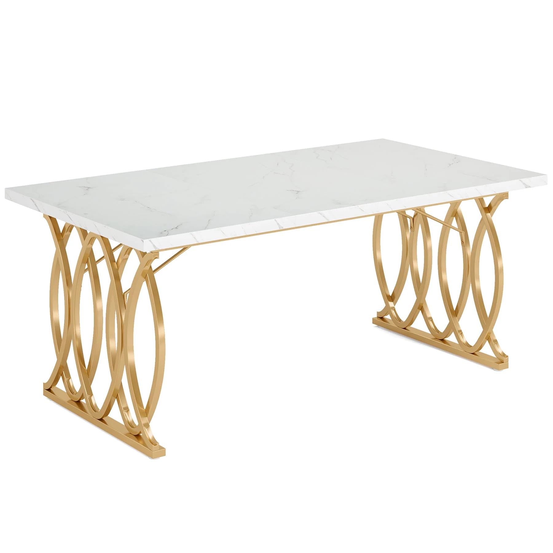 Modern Dining Table with Faux Marble Top, Gold Metal Base, 63" x 31.5" Rectangle, Waterproof Anti-Scratch Surface, Adjustable Foot Pads