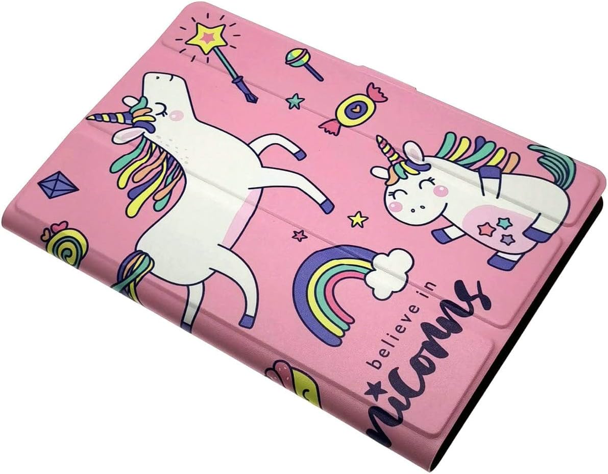 Pink tablet case with unicorn design, slightly open, showing the foldable cover and side profile.