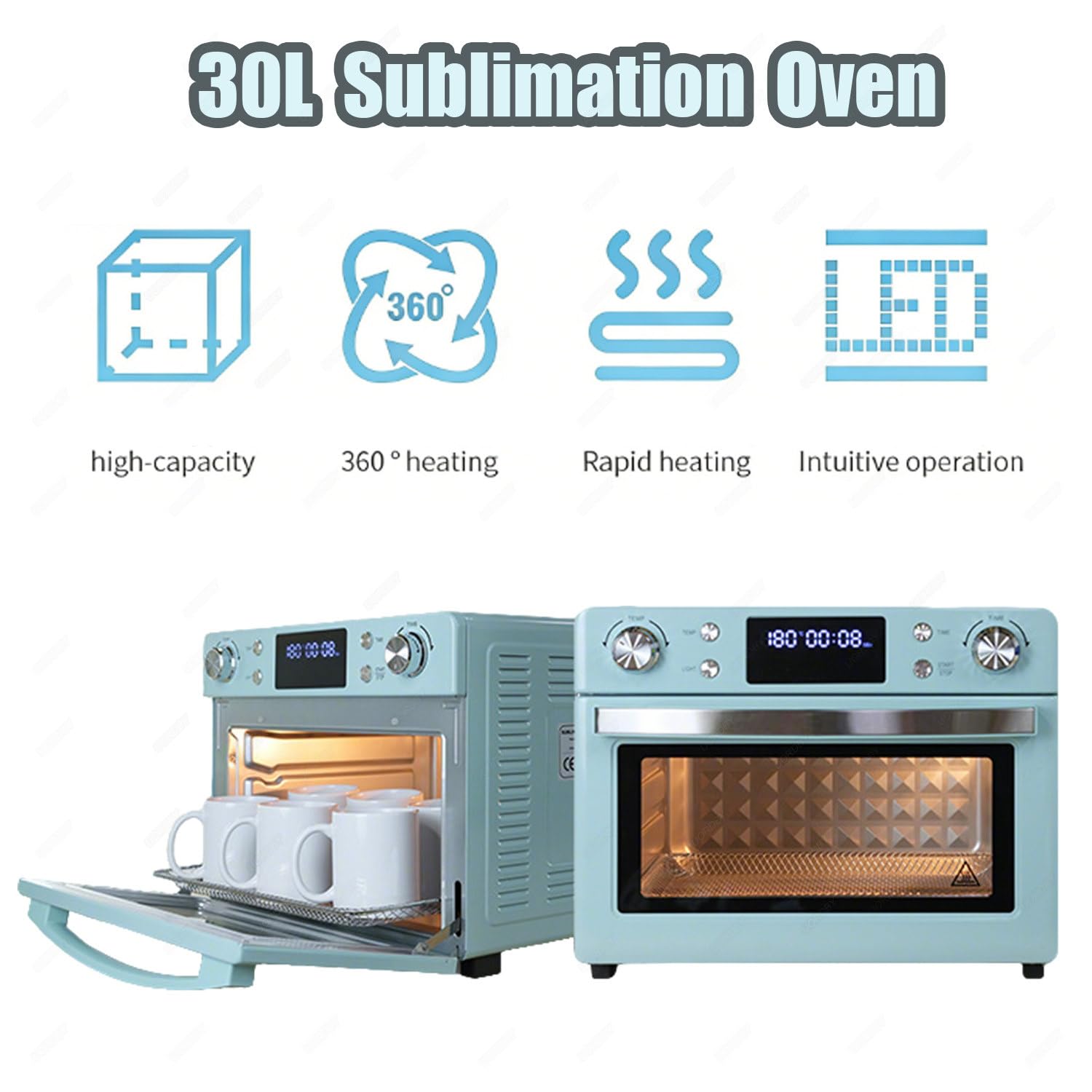 Blauer Sublimationsofen, LED-Digitalanzeige, 360°-Heizung, Schnellheizen, für die Sublimation von Rohlingen auf Bechern, Tassen, Wasserflaschen und mehr 30L