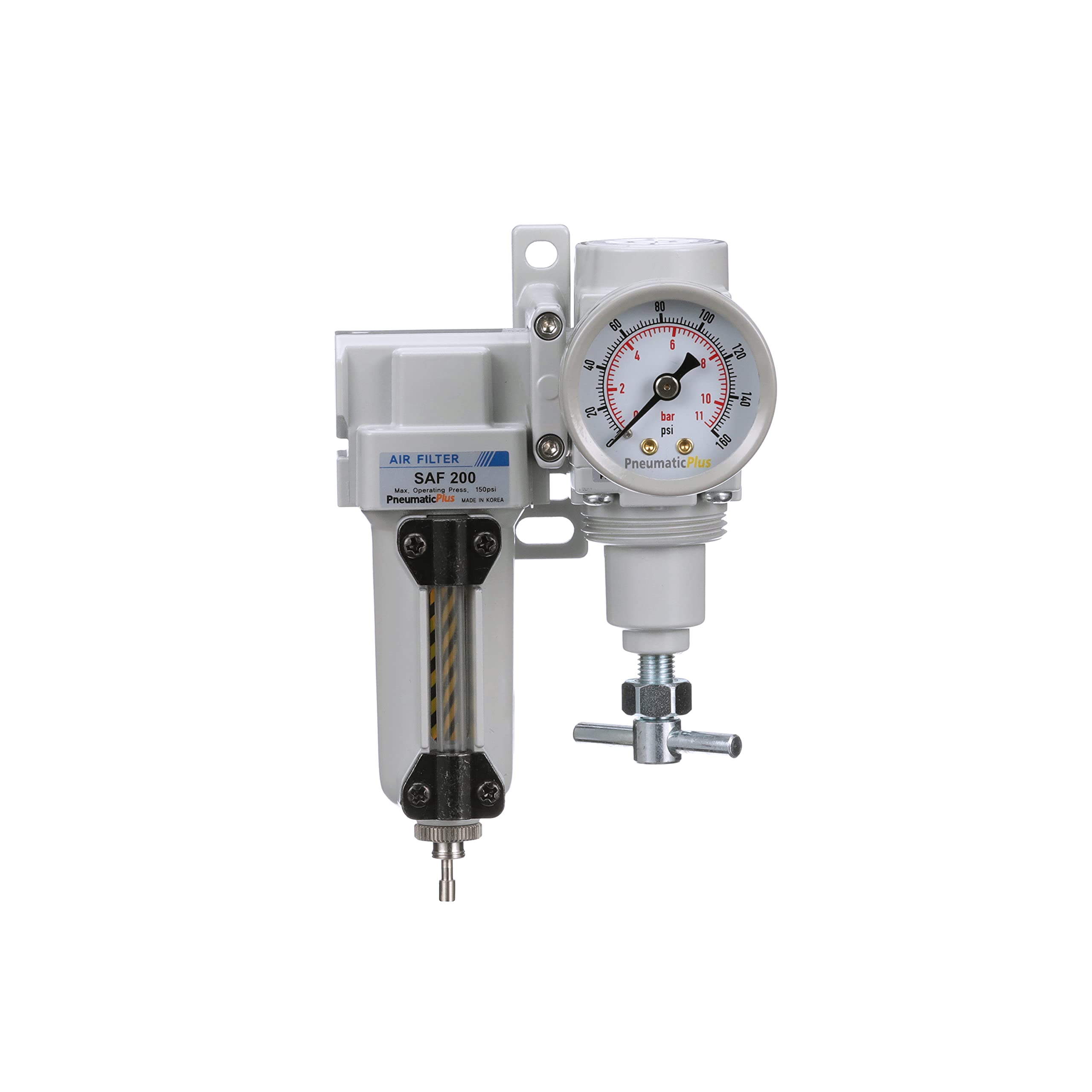 PneumaticPlus SAU220T-N02G-MEP Mini regulador de filtro de aire comprimido NPT de 1/4 pulgadas, mango en T, cuenco de metal, drenaje manual, soporte, medidor