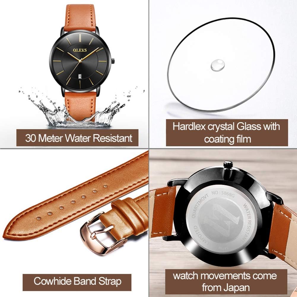OLEVS Mens Watches Minimalist Ultra Thin Fashion Casual Analog Quartz Date Watch Waterproof Slim Simple Big Face Dress Wrist Watch Leather Band for Men