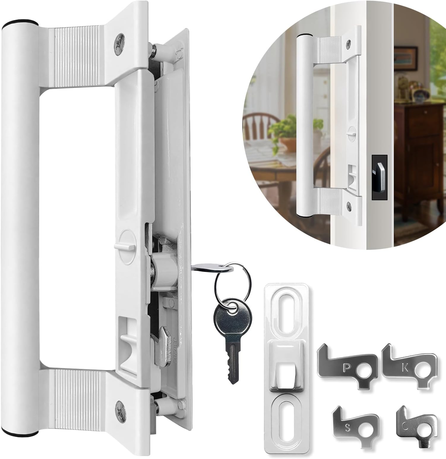 Sliding Glass Door Handle Set with Lock - Easy to Install, Fits 1 to 1-1/8" Thick Doors, 6-5/8" Screw Hole Spacing, Perfect Replacement for Old Handle (White)