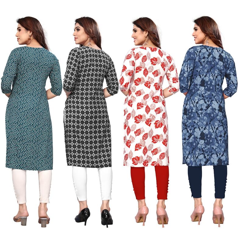 Image of JAKHANA Women's Crepe Printed Casual Straight Calf Length Round Nick Kurta Pack of 4