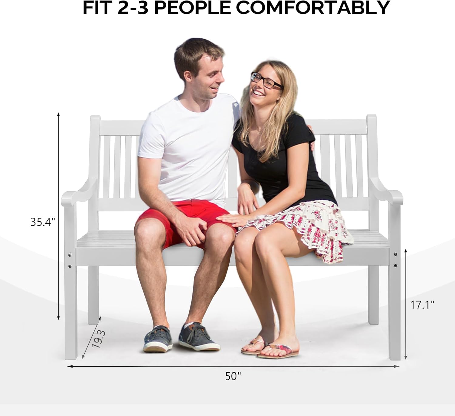 VINGLI 50" Outdoor Wood Bench, Weatehr Resistant Wooden Garden Patio Bench with Comfortable Backrest & Curved Armrest, 800lb Capacity Loveseat for Front Porch Park Yard Deck (White, Dense Slatted)