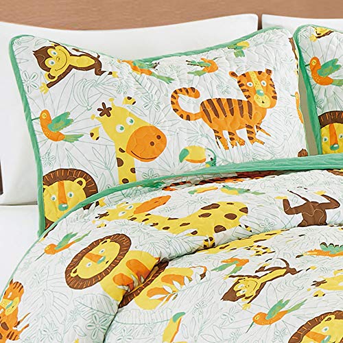 Jungle Print Teen/Kids Quilt Set Monkey Tiger Giraffe Forest Theme Twin Size Toddler Quilt For Toddler Bed Lion Green Animal Design Quilted Bedspread Coverlet With Pillow Sham (Safari Life, Twin) #TOP2