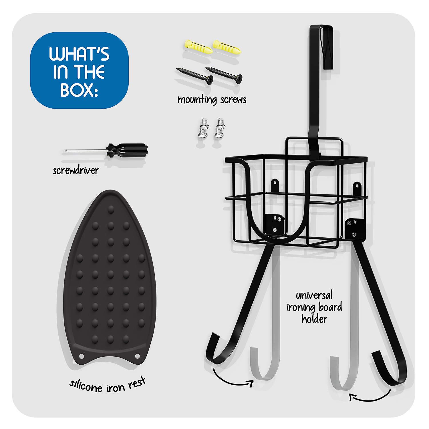 Hearth & Harbor Ironing Board Holder Wall Mount & Over The Door Hanger, Laundry Room Storage & Organization Space Saving, Iron & Ironing Board Hanger T&V Shaped, Black