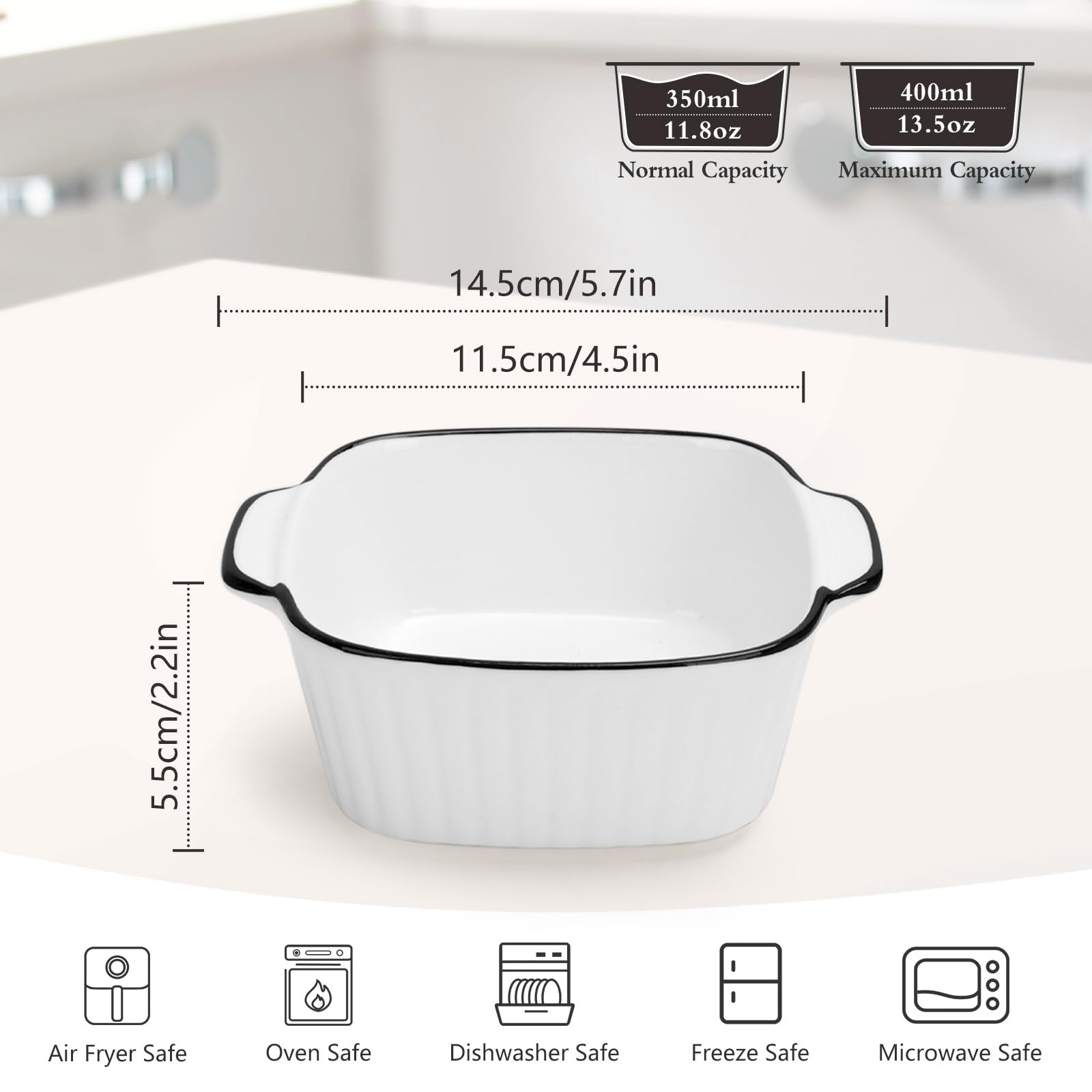 Set 4 Teglie Da Forno In Ceramica Rettangolari 14.3x11x5.3 Cm – Bianche Con Bordo Nero, Per Friggitrice Ad Aria, Forno E Microonde, Impilabili E Lavastoviglie