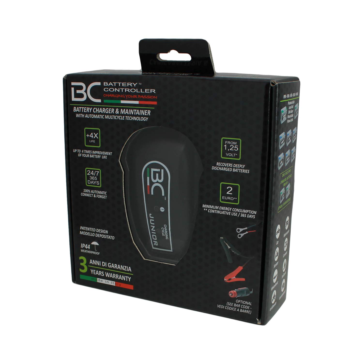 BC Junior US, Intelligent 8 Steps trickle Charger,Float Charger, Battery maintainer and Desulfator for All 12V Lead Acid Batteries of Cars, Motorcycles and ATV. Also for Deep Cycle Batteries. 1.5 Amp