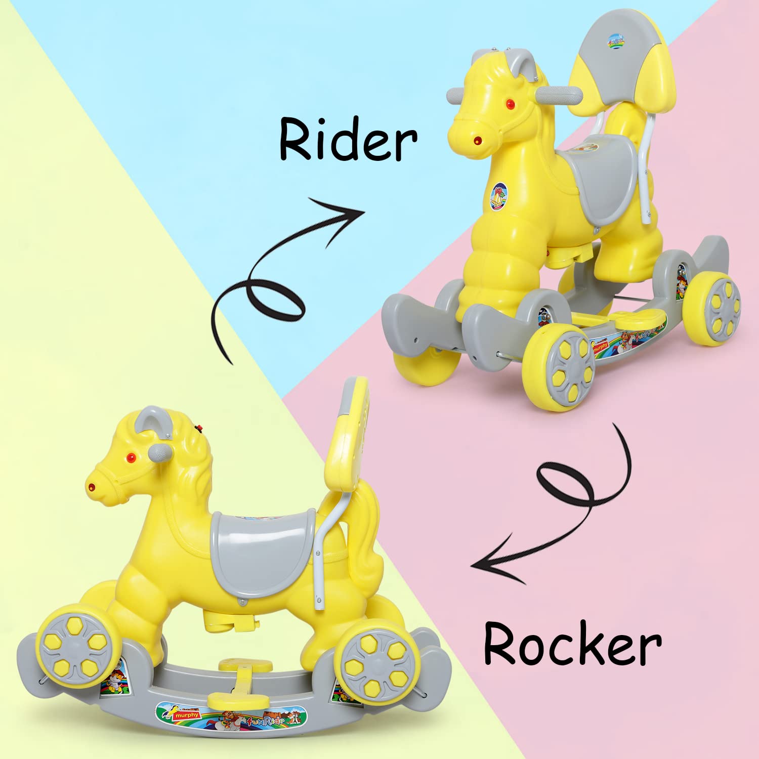 eHomeKart Rocking Horse Ride On for Kids - Murphy Super 2-in-1 Horse Rocker Cum Ride On Toy with Backrest - Ideal Age - 1 Year to 3 Years, Weight Supported - Upto 25 KG- Green (Yellow) 1