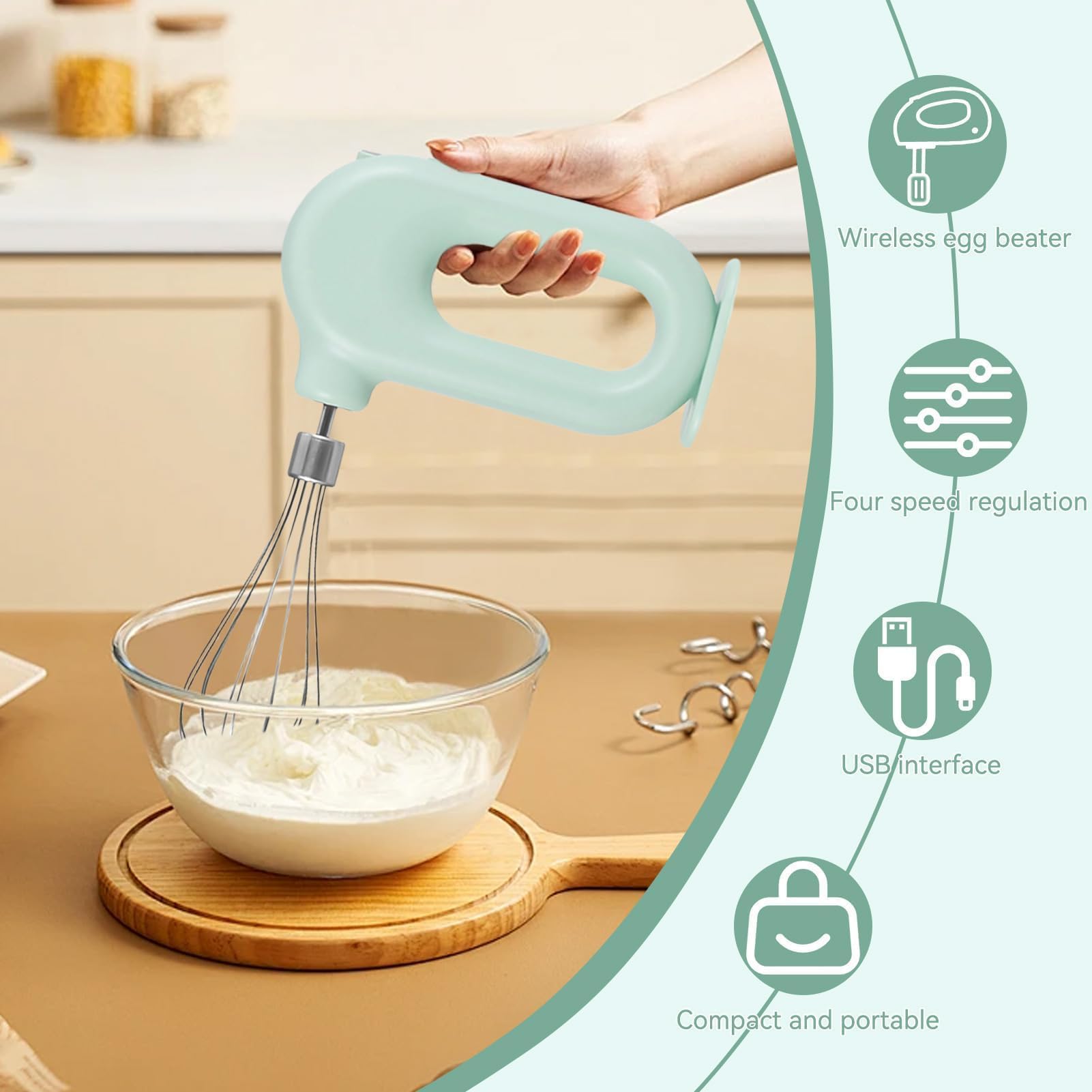 Handmixer, Kabelloser Elektrischer Mini-Eierschläger Handrührgerät Mit 4 Geschwindigkeitsstufen USB Aufladung 1500mah Praktischer Handrührer Elektrischer Mixer Für Die Küche Restaurant (Grün)