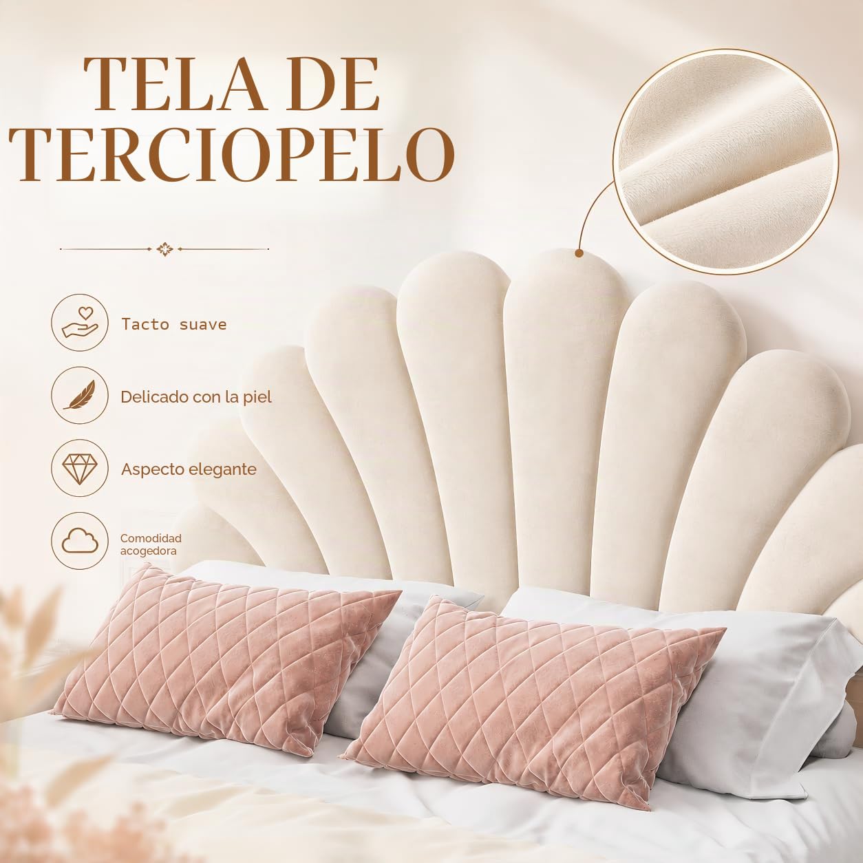 BRILVERDE Cama de matrimonio de 140 x 200 cm con cabecero de flores, marco de cama con somier de láminas, cama de princesa para niñas, cama para niños y adolescentes, terciopelo (beis, 140 x 200 cm)