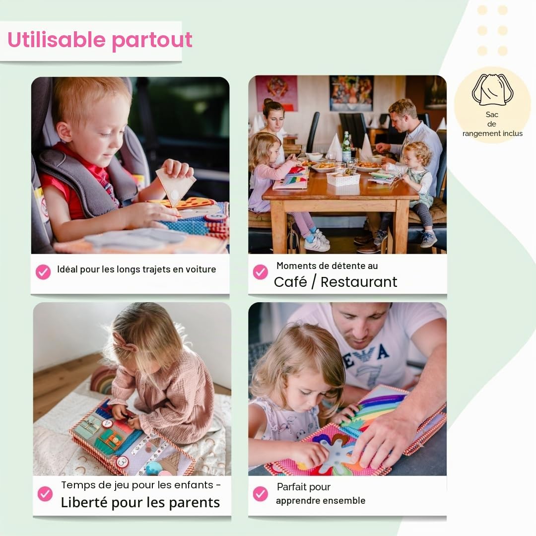 Jolly Designs 1, 2, 3 - 10 pages Premium - Quiet Book - Jouet Montessori à partir de 3 ans - Favorise la motricité et les capteurs - Livre de feutre fait à la main - Jouet éducatif pour les