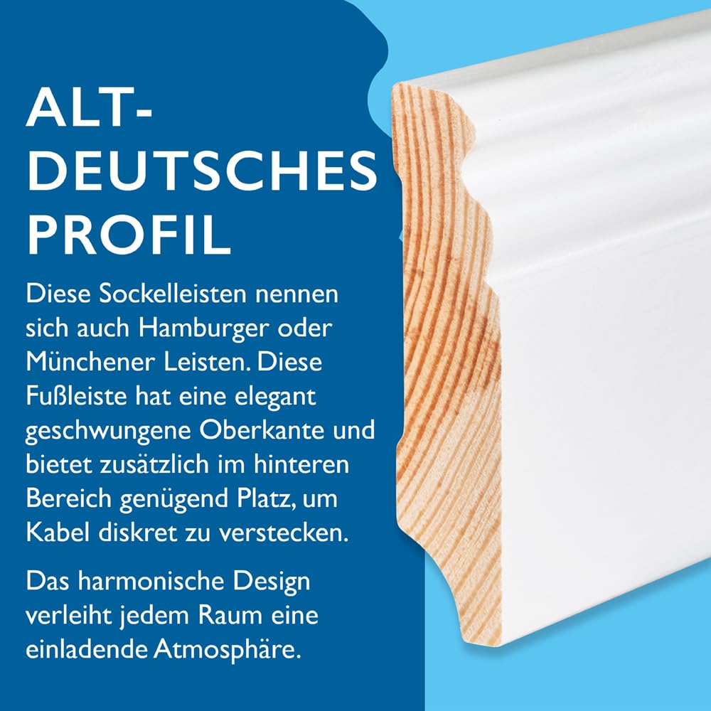 Sockelleiste Kiefer – 16x70x2400 mm, 10 Stück, weiß RAL 9016 lackiert