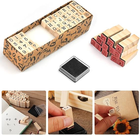 KBNIAN Wooden Rubber Stamps Kit, 40 Pcs Alphabet Rubber Stamps Letters, Numbers and Punctuation