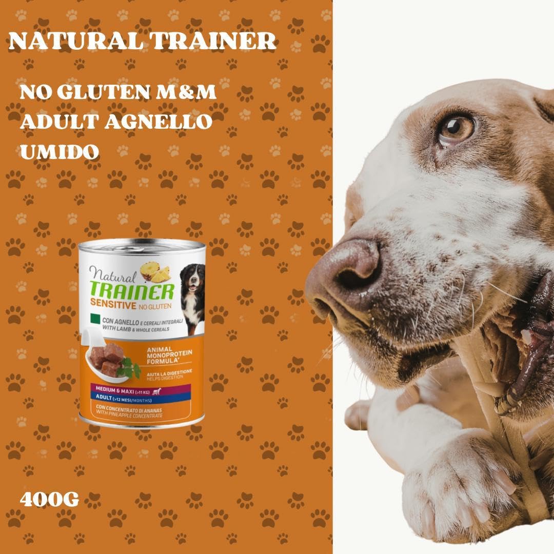 Natural Trainer Umido Cane Adult Sensitive Agnello, alimento completo per cani adulti di tutte le taglie e razze, gusto AGNELLO, monoproteico | 6 scatolette da 400 grammi l’una.