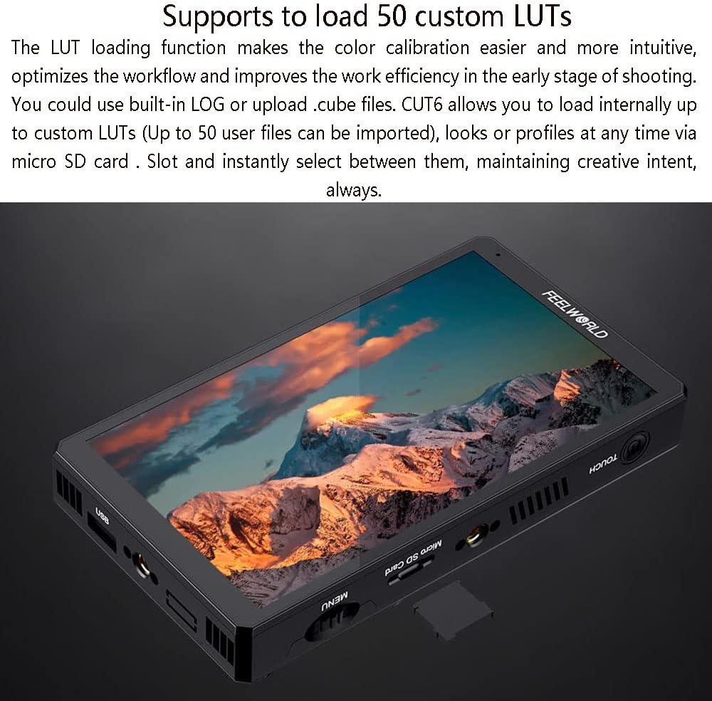 FEELWORLD CUT6 monitor showing its side with a Micro SD card slot, illustrating the ability to load up to 50 custom LUTs.