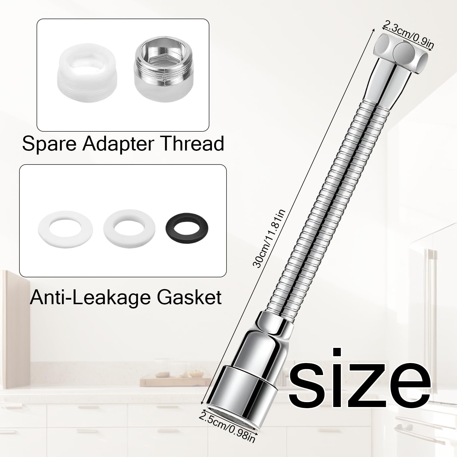 Vaskula Alargador Grifo Cocina Fregadero 30cm Acero Inoxidable Rotación de 360° Extensión Para Grifo de Cocina Ajuste de 2 Velocidades Aplicable A Las Escuelas de Apartamentos de Bar