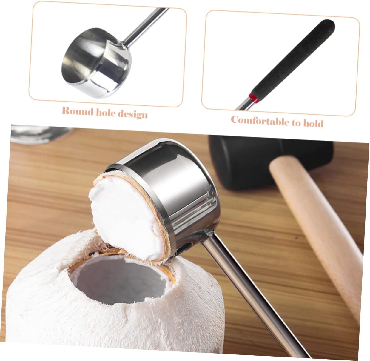 2Pcs Coconut Opener Set Stainless Steel Coconut Shell Opener Tools Non-Slip Handle for Household Use and Water Extraction