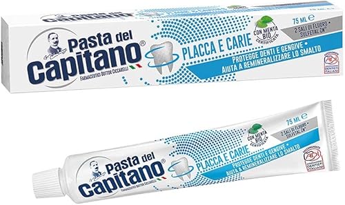 Pasta del Capitano : "Plaque and Caries" con pasta de dientes de menta orgánica de 2.5 fl oz x tubo de 2.5 onzas líquidas, paquete de 3