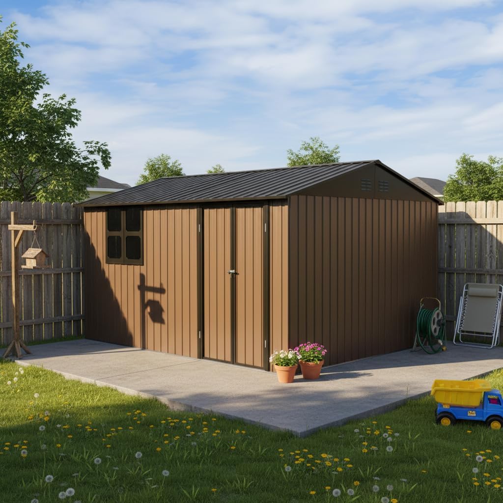 12x10 Ft Metal Garden Shed with Window, Foldable Worktable & Shelves, Apex Roof Brown Outdoor Storage Shed