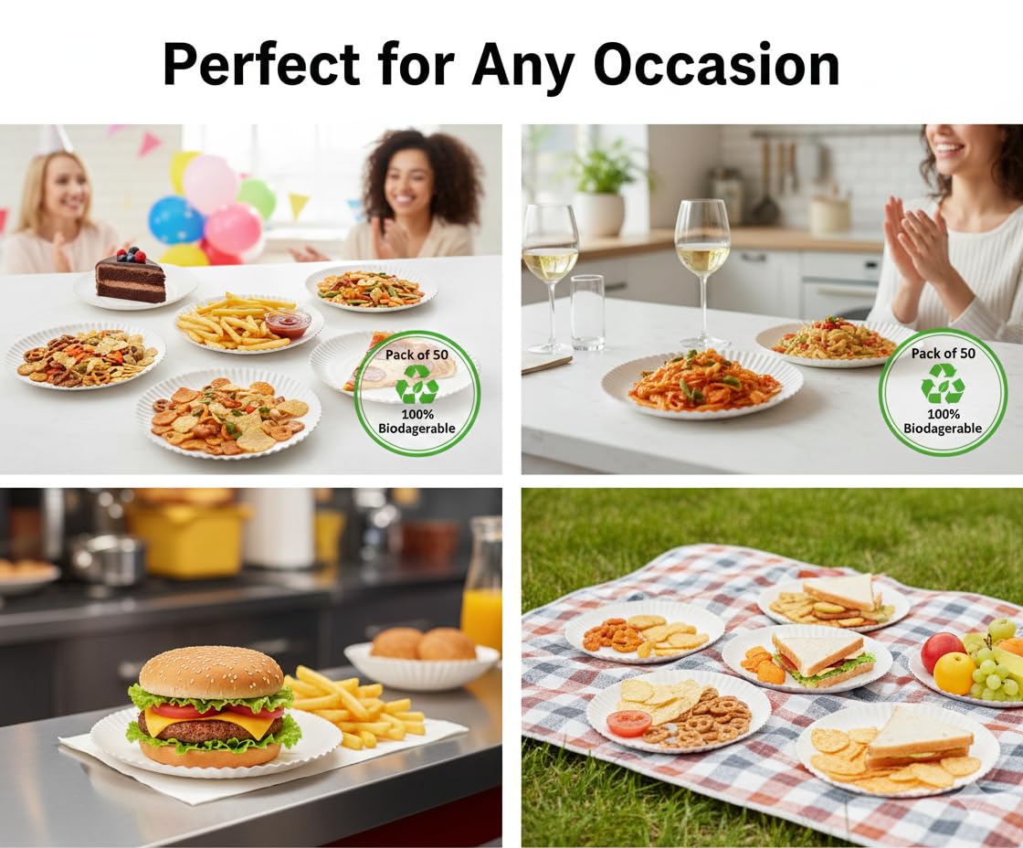 Prime616 Eco-Friendly Disposable Dona Pattal - Pack of 100 | 120 GSM Heavy Duty |Leak-Proof, Sturdy & Biodegradable for Parties, Catering & Daily Use (Paper Plates (50 Pack), 10 inch) 3