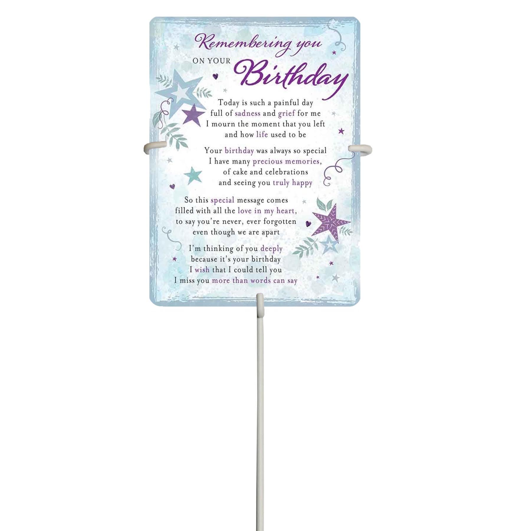 Graveside Memorial Card Weatherproof with Metal Card Holder - Remembering You on Birthday