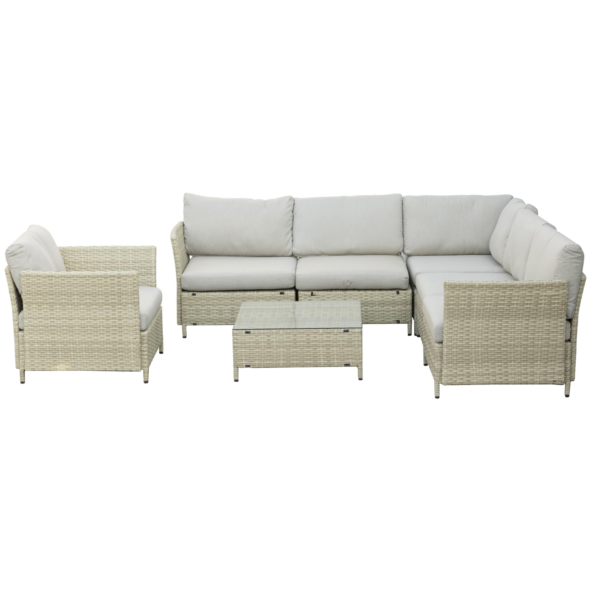 Outsunny Salotto da Giardino 7 Pezzi Modulabile con Tavolino, Poltrona, Poltrona Angolare e 2 Divanetti in Rattan PE con Cuscini, Beige
