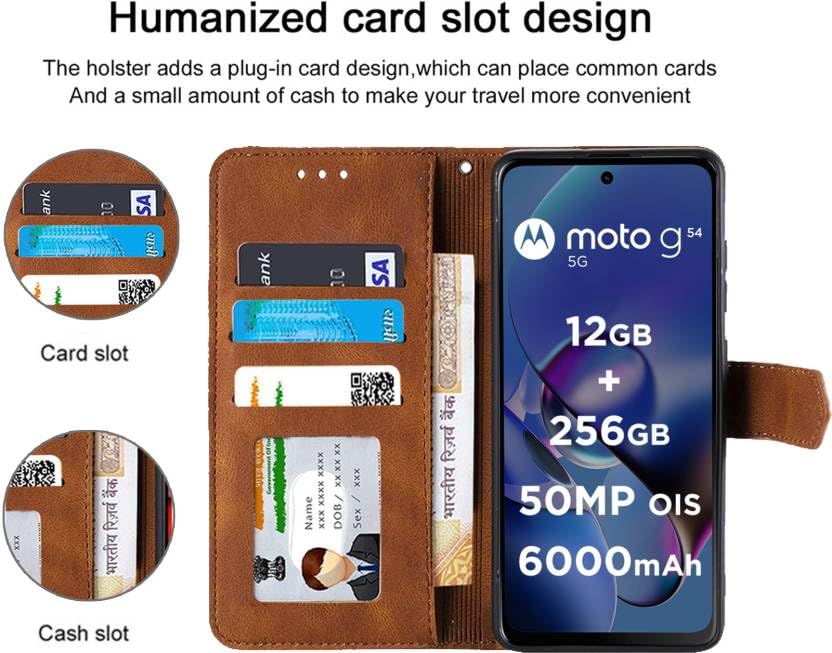Image of Aleppo Flip Cover Compatible for Moto G54 5G | Motorola G54 5G | PAYW0007IN | PAYW0004IN | PAYW0002IN | PAYW0008IN Back Cover Soft Silicon TPU Flip Cover Executive Executive Brown, Magnetic Closure