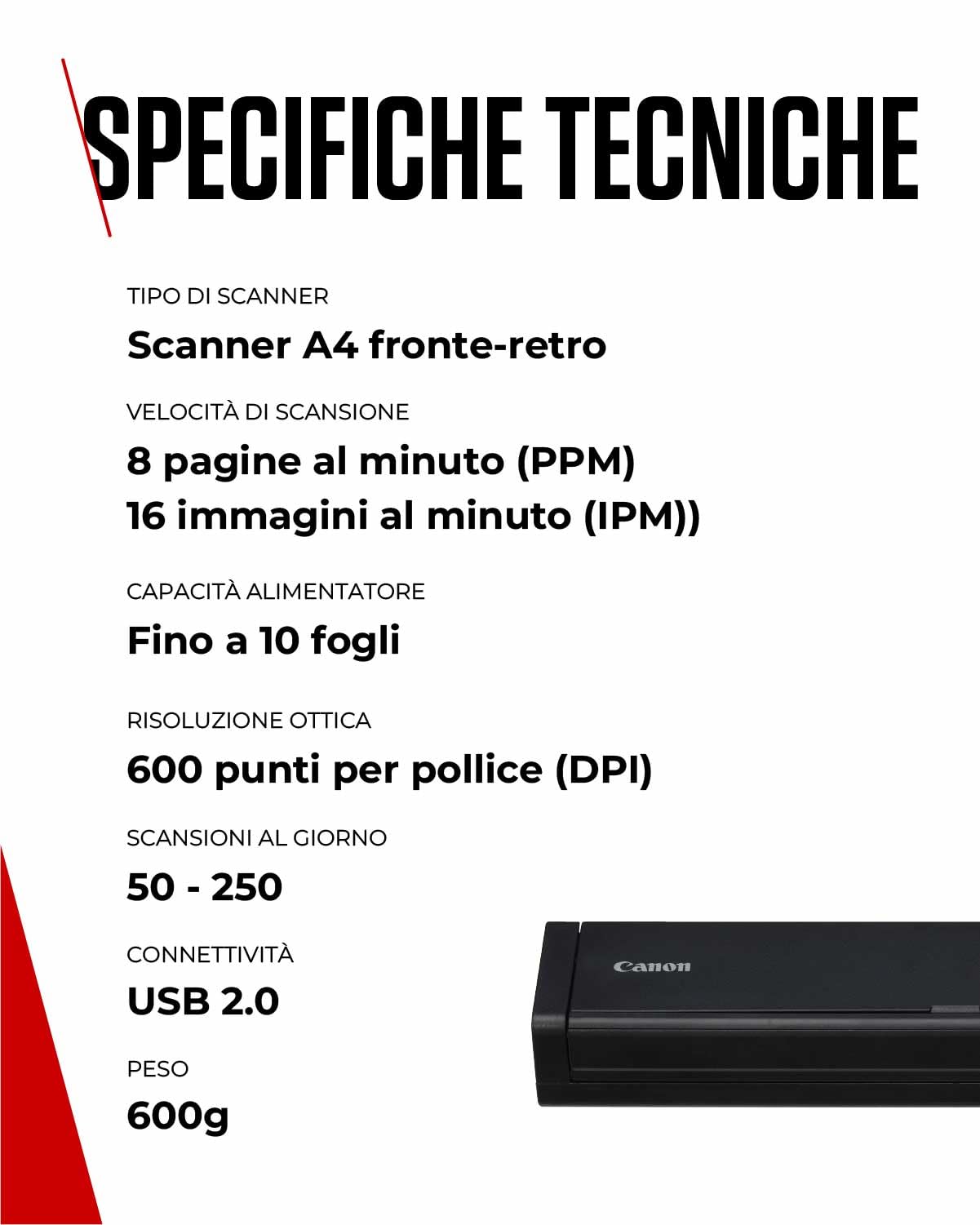Canon imageFORMULA P-208II Scanner Portatile Fronte-Retro USB Alimentatore Automatico 10 Fogli CaptureOnTouch Lite