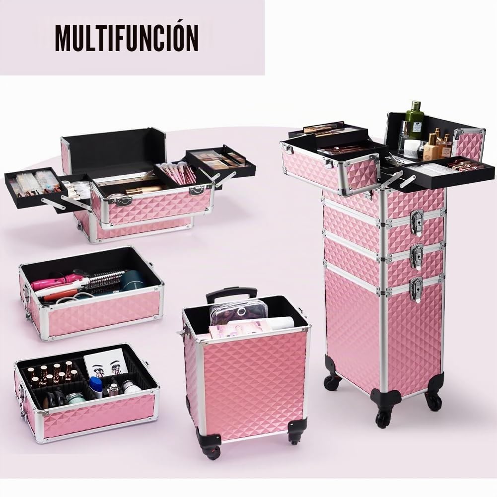 BAKAJI Trolley Make Up 4 en 1 Profesional con Trama Oleográfica Triangular, Neceser Estetista Portátil, Maleta Porta Maquillaje con Ruedas Desmontables, Maletín Organizador Maquillaje Viaje
