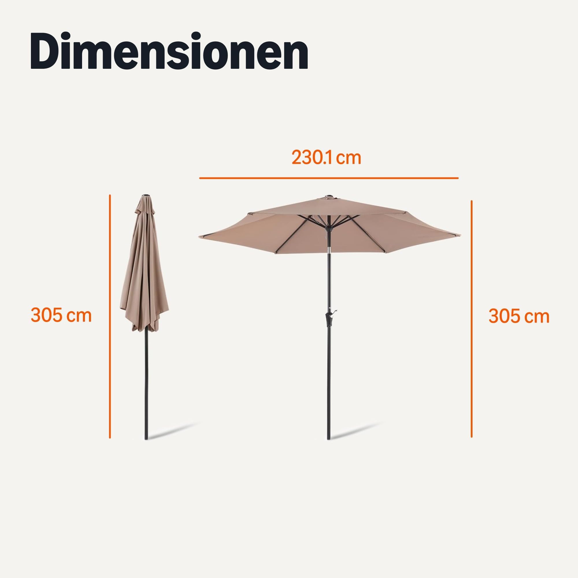 Amazon Basics Sonnenschirm für Balkon, Terrasse und Garten, Kurbelmechanismus, Neigungsregler per Knopfdruck, 305cm, Hellbraun