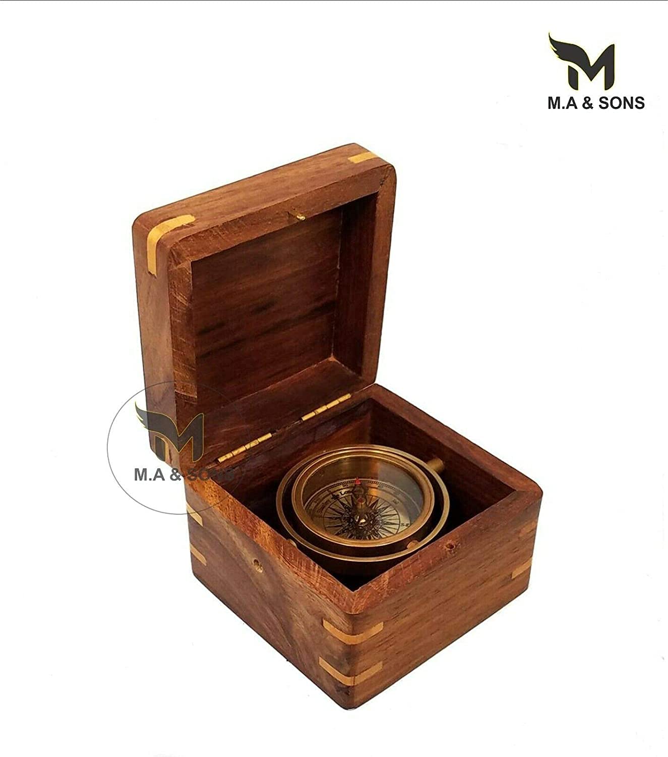 M.A & SONS Personalized Vintage Brass Marine Gimbal Compass Boxed Wood Ship Boat Compass 1