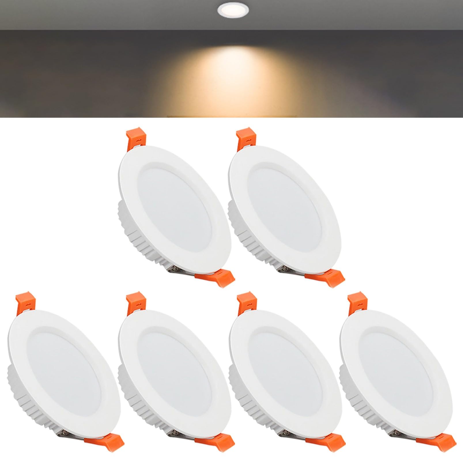 TTiiLoe 7W Round LED Recessed Ceiling Spotlights, 3000K Warm White Ultra Slim Panel Ceiling Light, Cut Φ80-90mm, AC110-240V Downlights for Hallway Stairwell Showroom, 6 Pack