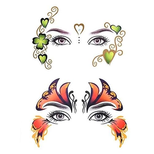 Miniatura 3 de Paquete de 8 calcomanías de tatuaje temporal impermeables para rostro, ojos, frente, cuerpo para Halloween, Navidad, escenario, fiesta de máscaras