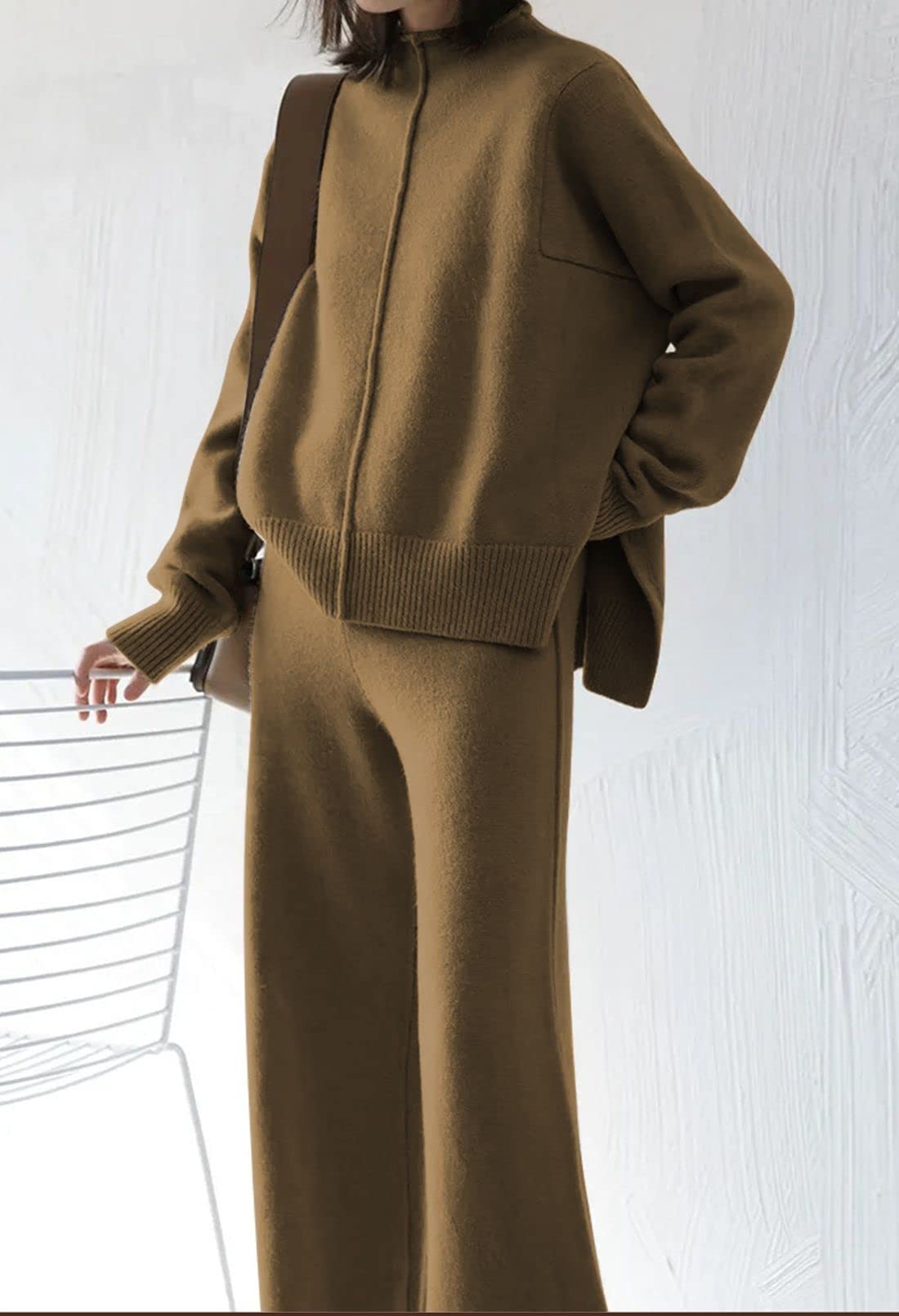 AOHITE Womens 2 Piece Outfit Set Long Sleeve Knit Pullover Sweater Top and Wide Leg Pants Sweatsuit