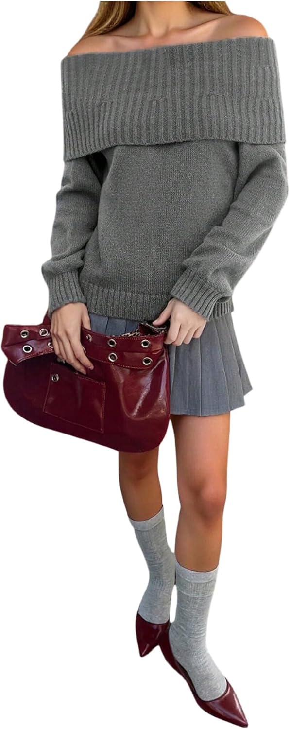 Women's Off The Shoulder Sweaters Ribbed Knit Foldover Long Sleeve Jumper Knit Pullover Fall Tops