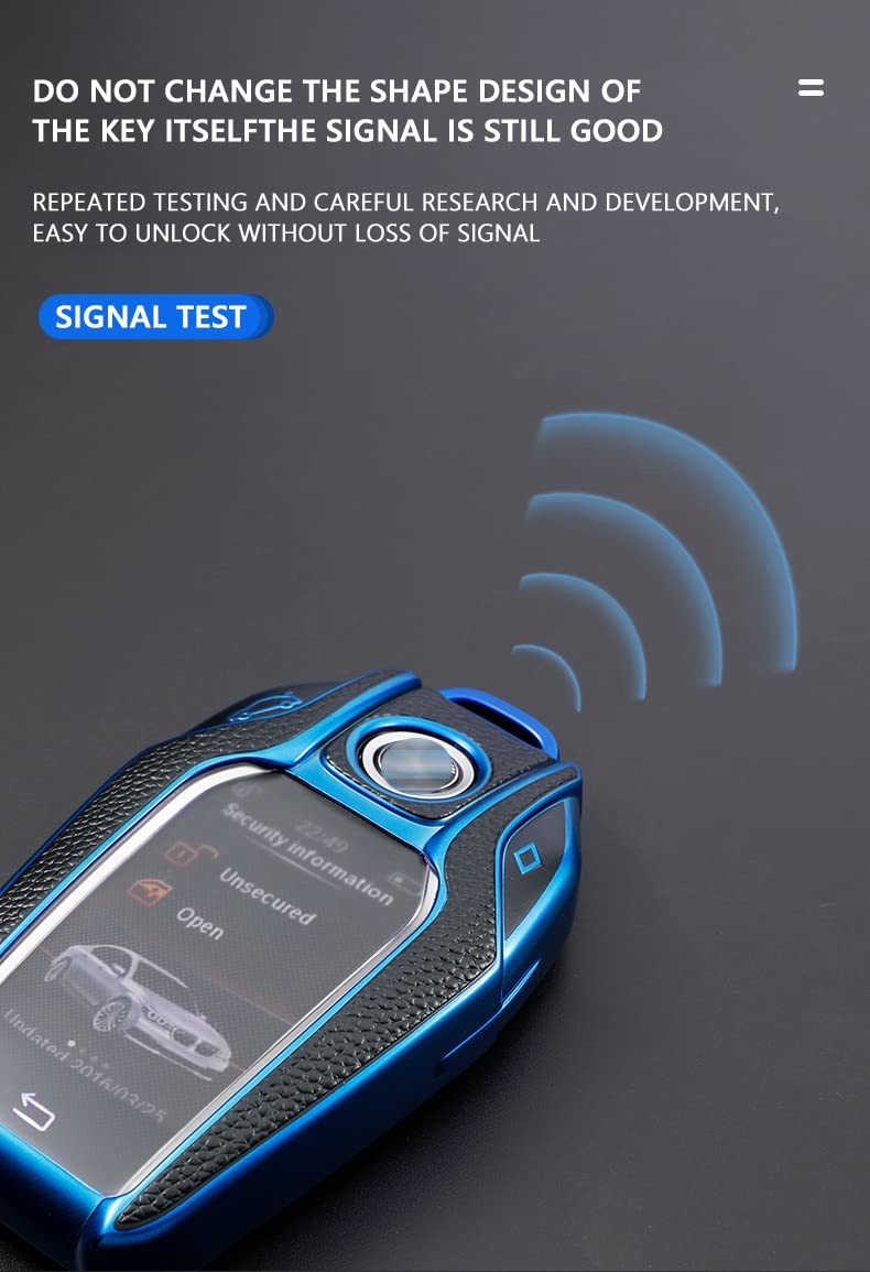 HIBEYO Smart Car Key Case Fits BMW Key Case Protective Cover for BMW 5 Series 7 Series i8 730li 740li 750li New X3 X7 Key Box Display Key Remote Key TPU Leather Texture Blue - Image 3