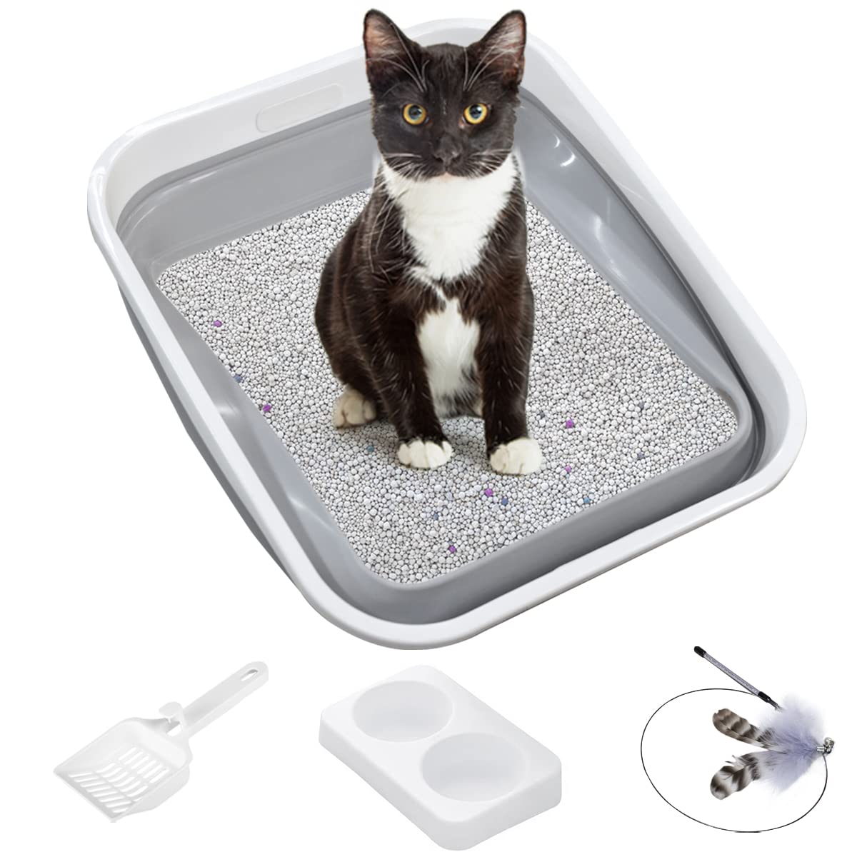 Photo 1 of *SEE NOTES KAQUMAO Senior Cat Litter Box Set, Include Low Entry Senior Cat Litter Box, Low Profile Double Food Bowl, Senior Cat Wand Toy, Cat Litter Scoop (Milky White)