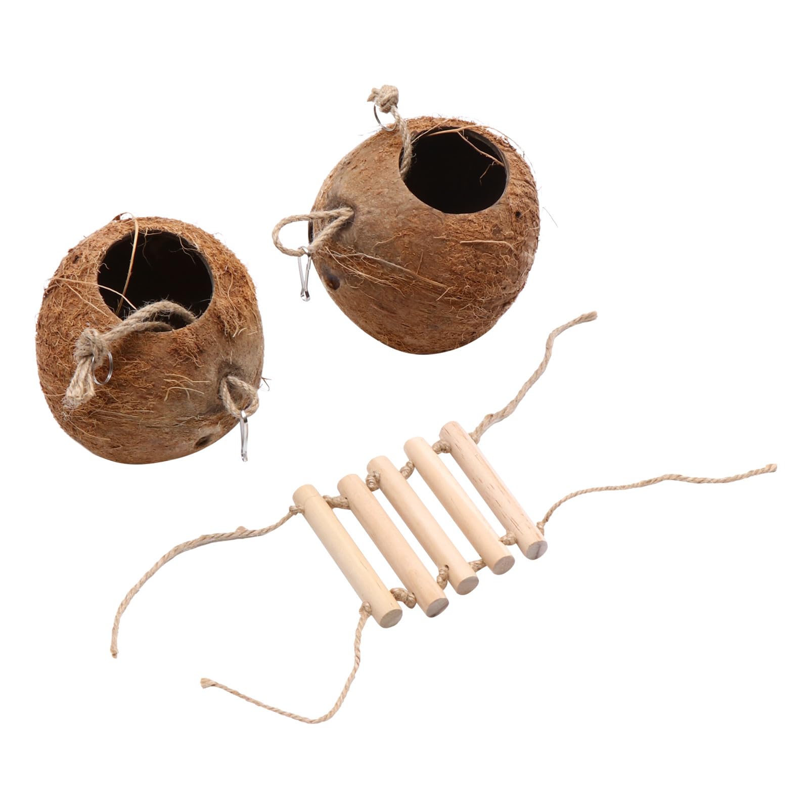 BETOOKY Vogelnest aus Natürlicher Kokosnussschale mit Holzleiter Hängendes Kleintier für Wellensittiche Kanarienvögel und Hamster