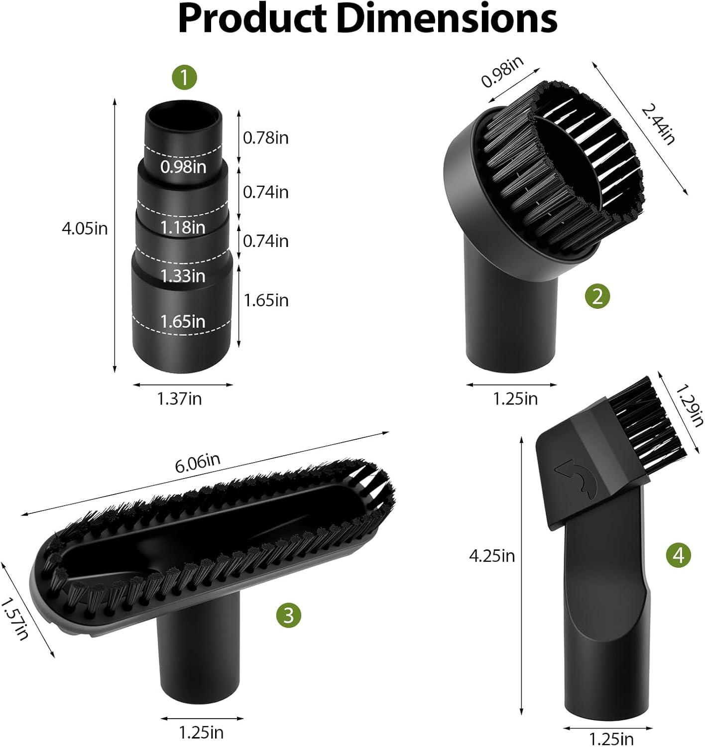 Vacuum Attachments, 4 Pieces, 1-1/4 Inch, Round and Square Brushes, 2-in-1 Suction Brush, 4-Layer Adapter, Universal for Most Vacuum Cleaners