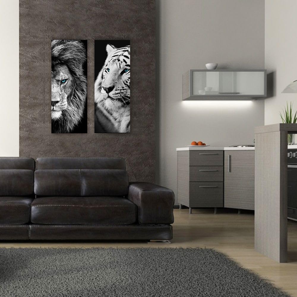 artissimo Bild aus Glas 30x80 cm Tiere AG4100A – modernes Glasbild Wandbild Hochformat, Wanddeko Wohnzimmer schwarz weiß, Löwe Industrial Stil