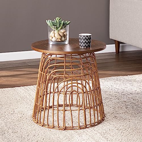 Jenvor Round Accent Table Natural MDF Circular Top Woven Base Boho Side Table for Living Room Bedroom, Plant Stand and End Table for Reading Nook