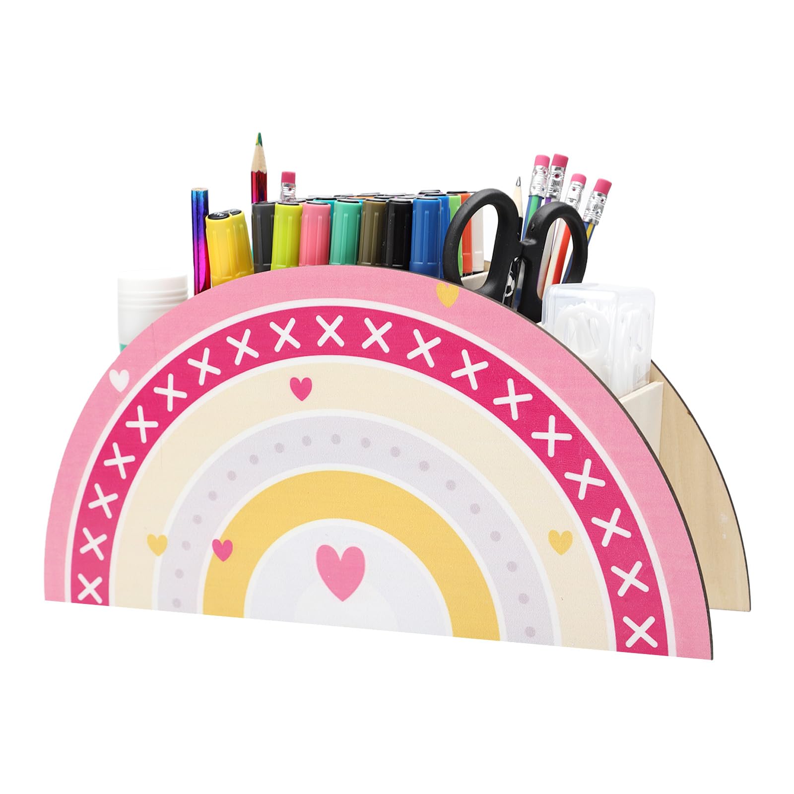 DAWRIS Organizador de escritorio de arco iris, portalápices para niños, organizador de escritorio de madera, arco iris para niños, caja de lápices con 5 compartimentos, organizador de bolígrafos,