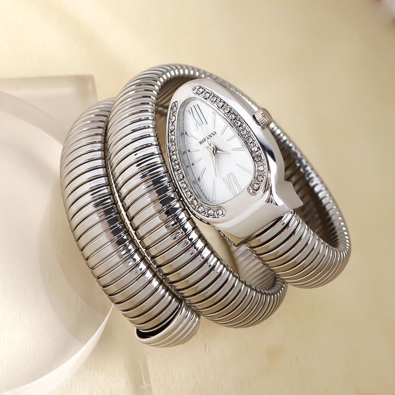 Image of Ladies Snake Bracelet Fashion Watch - Creative Quartz Design, Personality Oval Dial, 50m Waterproof