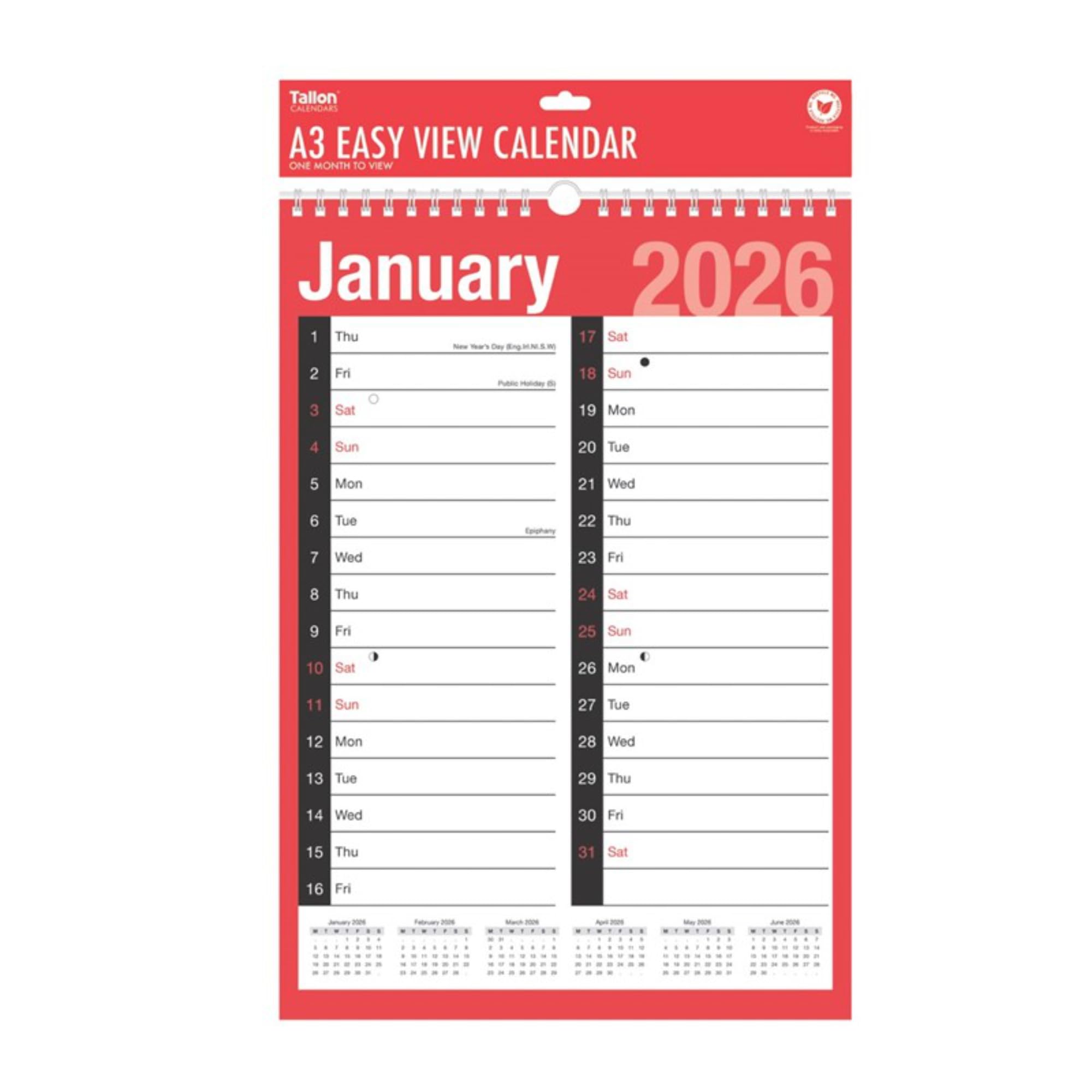 2026 Calendar Planner Month to View/Week to View Organiser Spiral Bound Wall Planner for Home Business Office School (A3 Easy View 2 Column Month to View)
