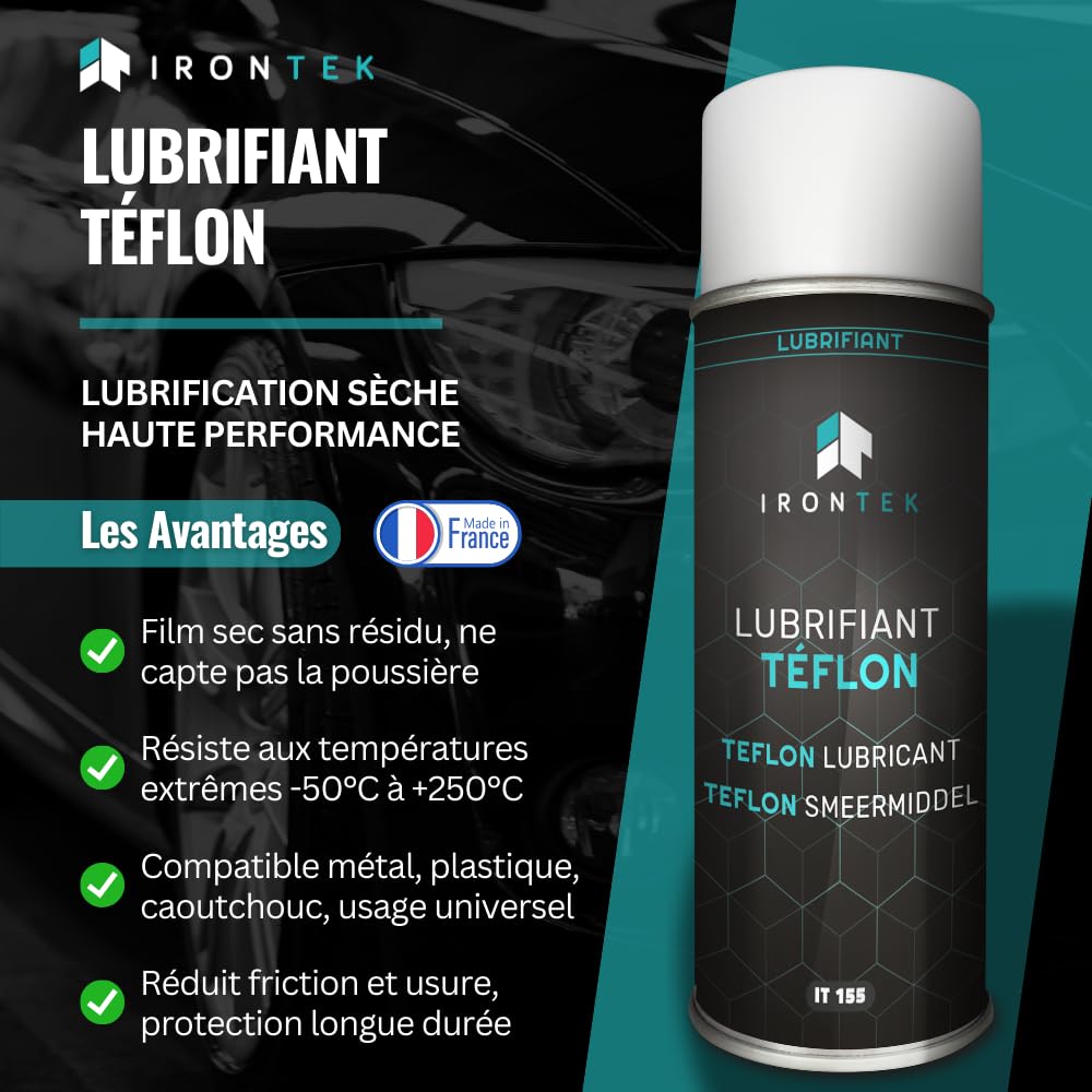 Lubrifiant Téflon PTFE 500ml - IRONTEK | IT155 | Haute température, Pression extrême, Lubrification sèche | Protège, dégrippe, évite la poussière, Usage Plastique métal | Efficacité Durable